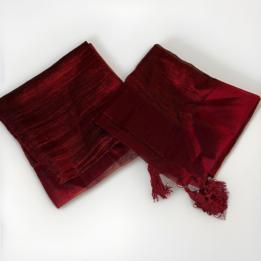 Lot of 2 Sheer Red Metallic Square Table Cloth Cover Corner Tassel Chiffon 4.5'